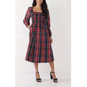 Draper James RSVP New Smocked Plaid Midi Dress With Long Sleeves Red Plaid Large